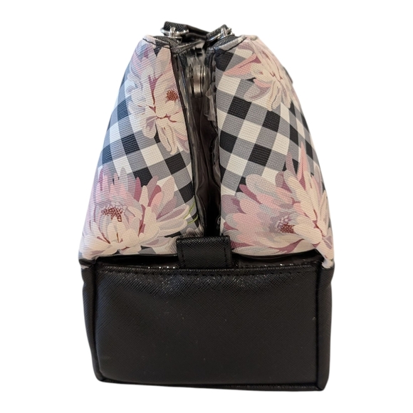 Tahari Black and Gray Checkered Floral Cosmetic Bag - Picture 4 of 6